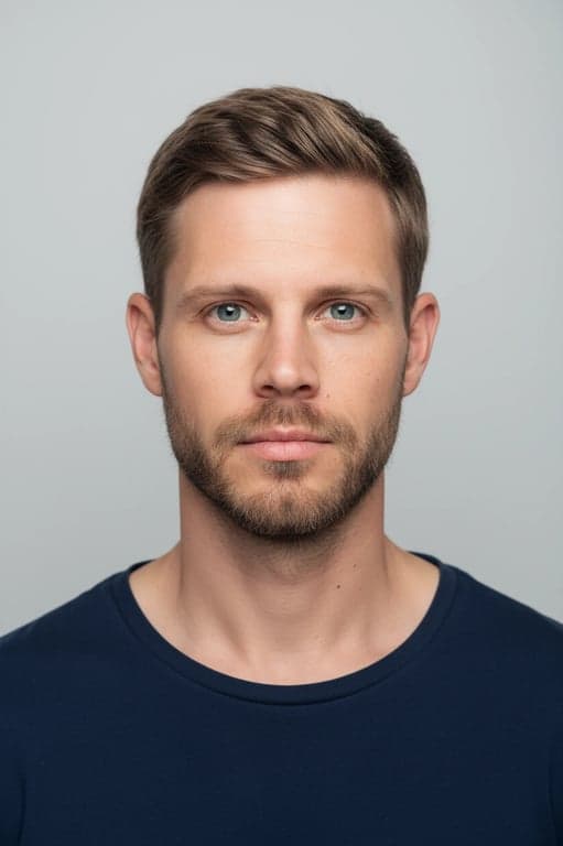 A fully compliant official ID photo created by AI, adhering to ISO/IEC 19794-5 standards, frontal pose, uniform brightness, no smile, dark clothing for contrast.