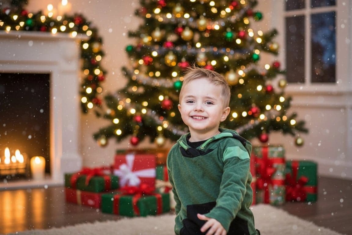 AI baby Christmas photo after photo - baby wearing green jacket with Christmas decoration