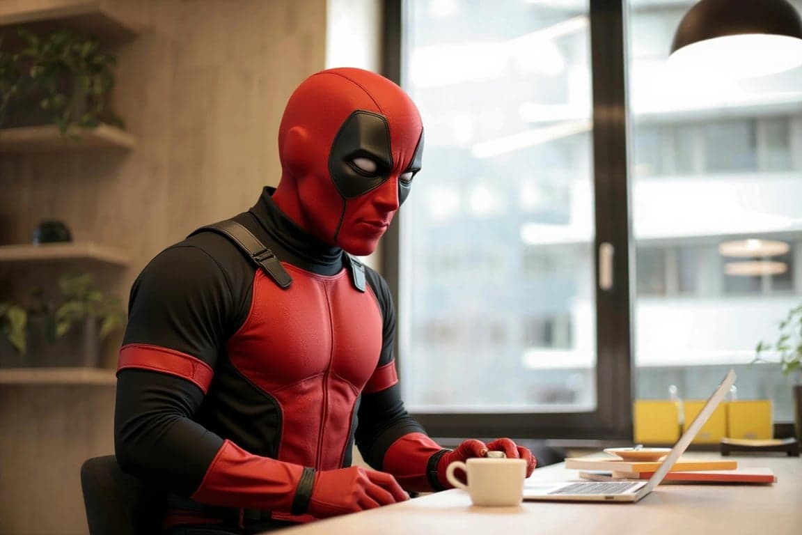 a portrait of a person as Deadpool in a crossover cosplay, mixing Deadpool's suit elements with another popular character's theme