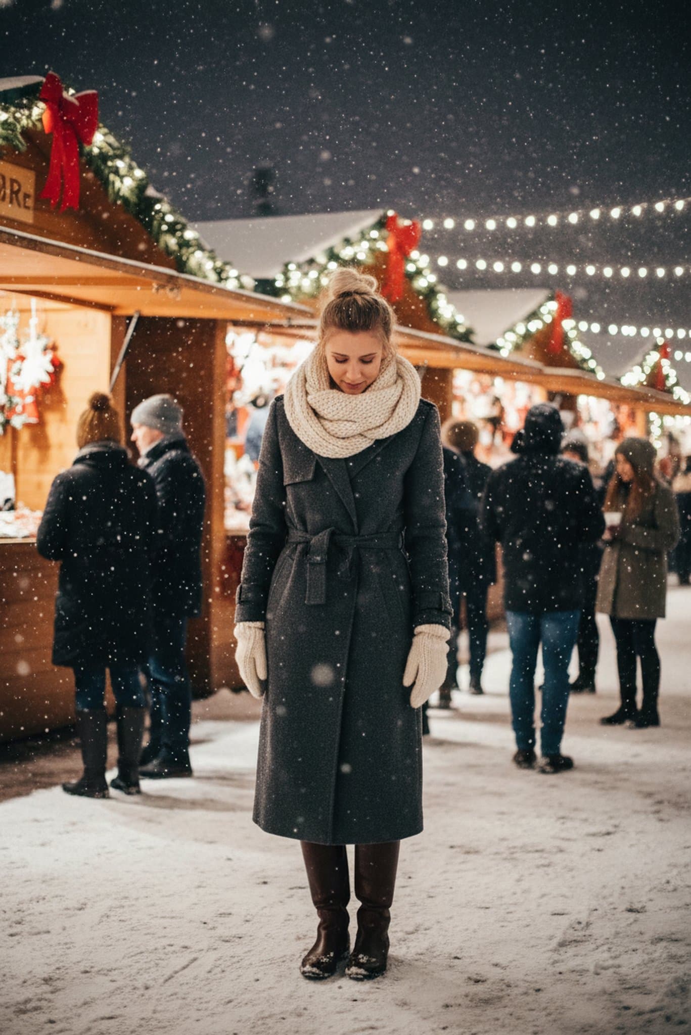 A woman in a long coat and scarf at a snowy Christmas market.