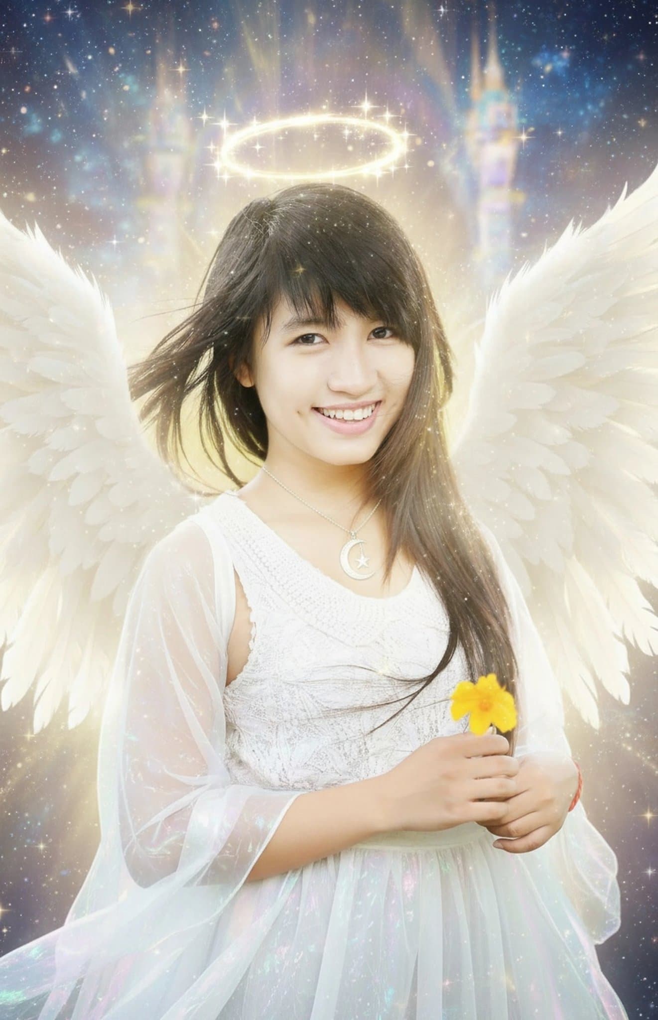 AI angel filter after transformation - selfie transformed into bright glowing angel look