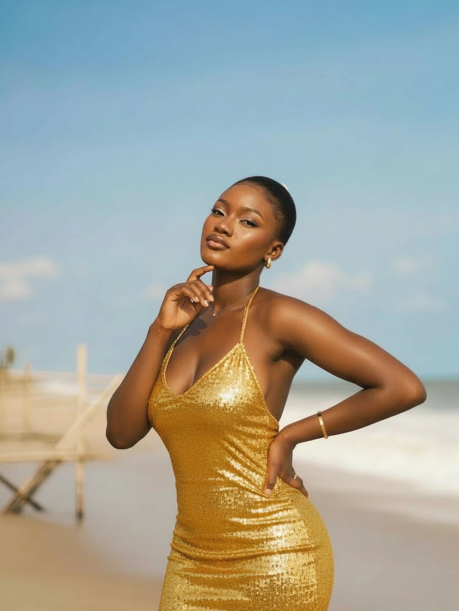 Gold Party Clothes filter after transformation - portrait styled in bold gold party statement look