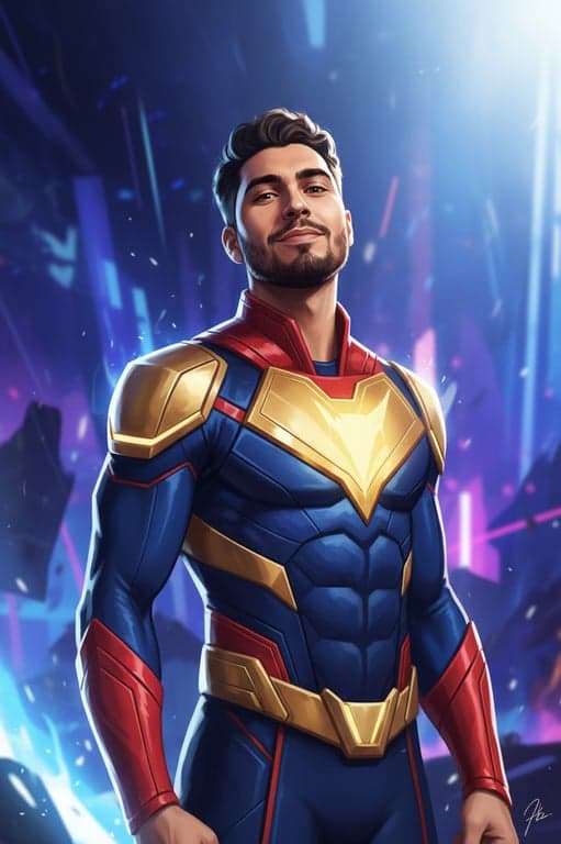 a portrait of a person illustrated in a Marvel Rivals–inspired hero game style with semi-realistic anatomy, smooth stylized skin, strong facial definition, cinematic game lighting, vibrant color grading, and a polished competitive hero shooter appearance