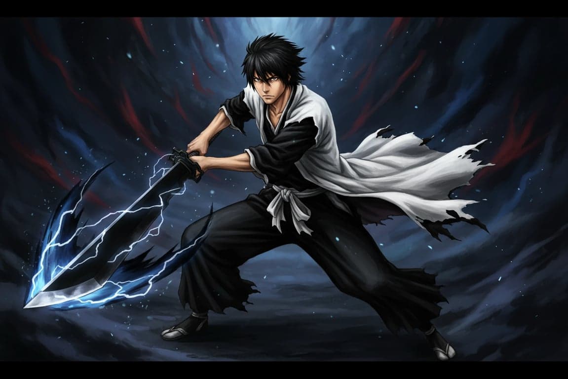 a portrait of a person in a fierce Getsuga Tensho moment, swinging a Zanpakuto that releases a crescent moon of energy