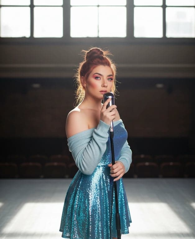 a portrait of a woman in a shimmering dress and dramatic makeup, standing in a studio with neon light reflections