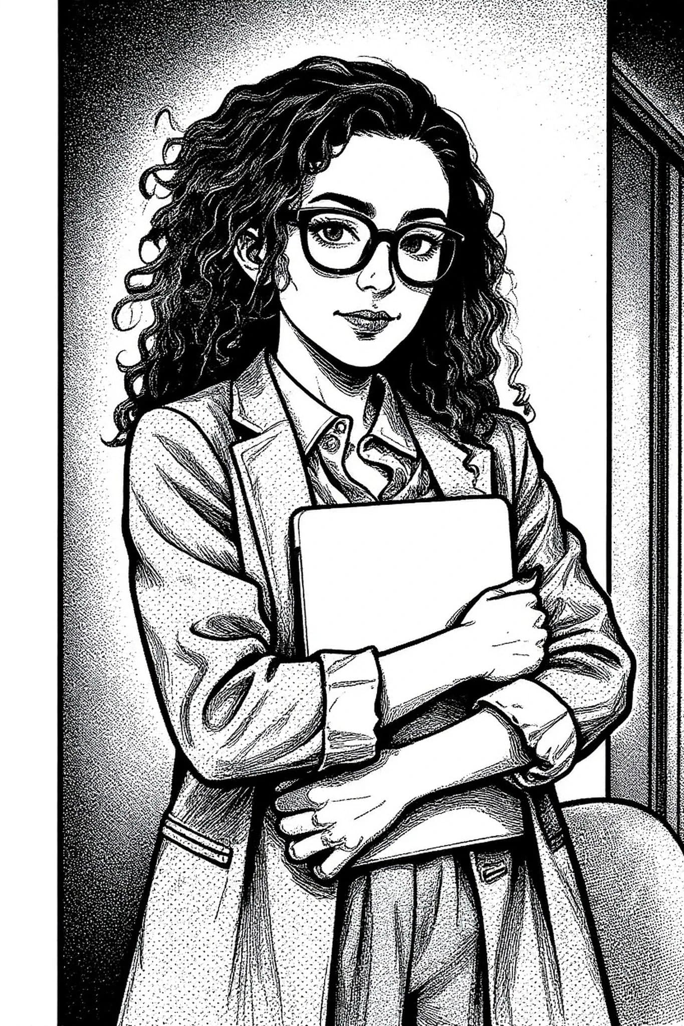 Manga art styles filter after transformation - portrait in dramatic black and white manga style with strong shadows and tones