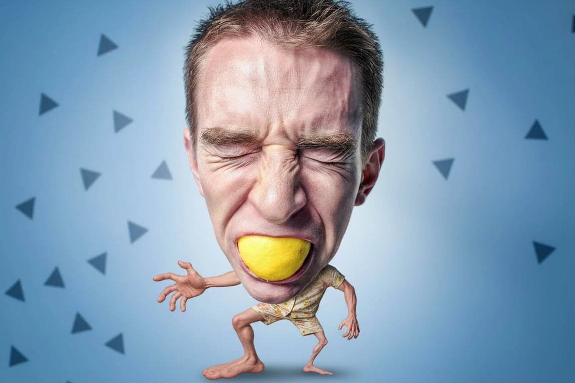 AI ugly filter after photo- exaggerated funny man with wide mouth on blue backdrop